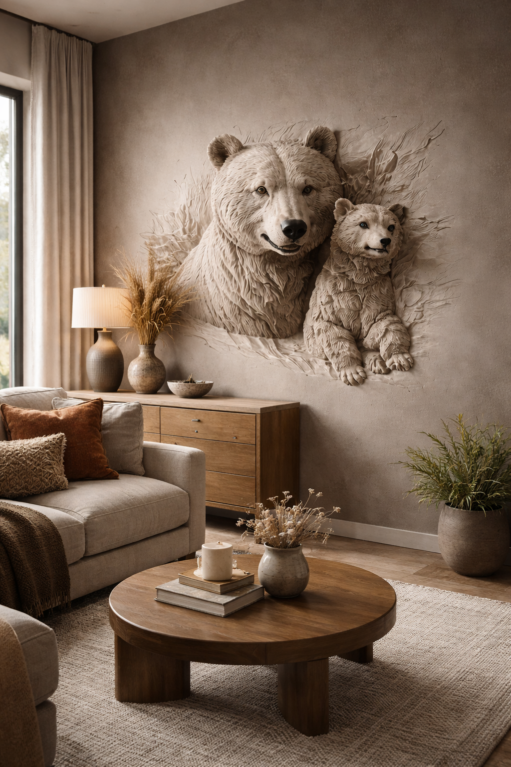 Inset architectural relief of a bear and cub emerging from a wall