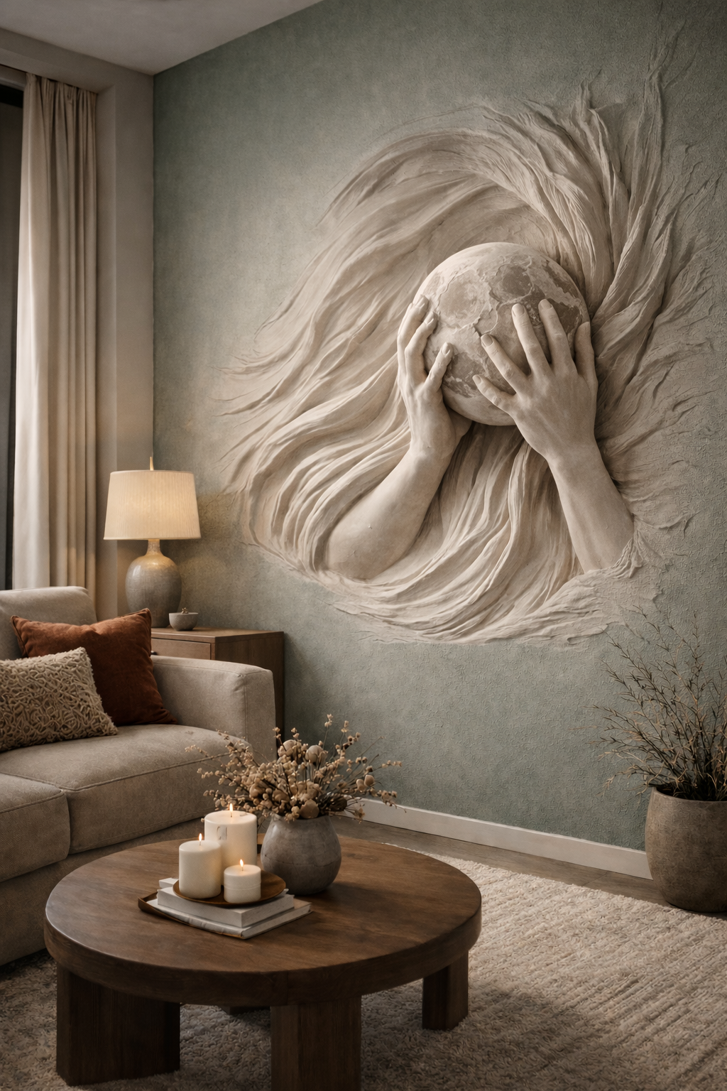 Hands holding a moon inset relief